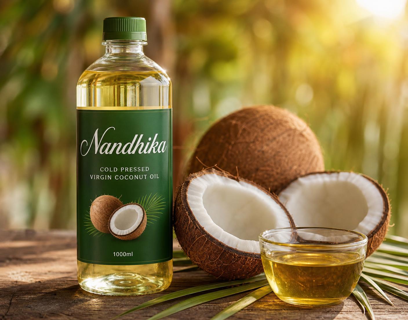 Nandhika virgin coconut oil bottle with fresh coconut and a bowl of golden oil