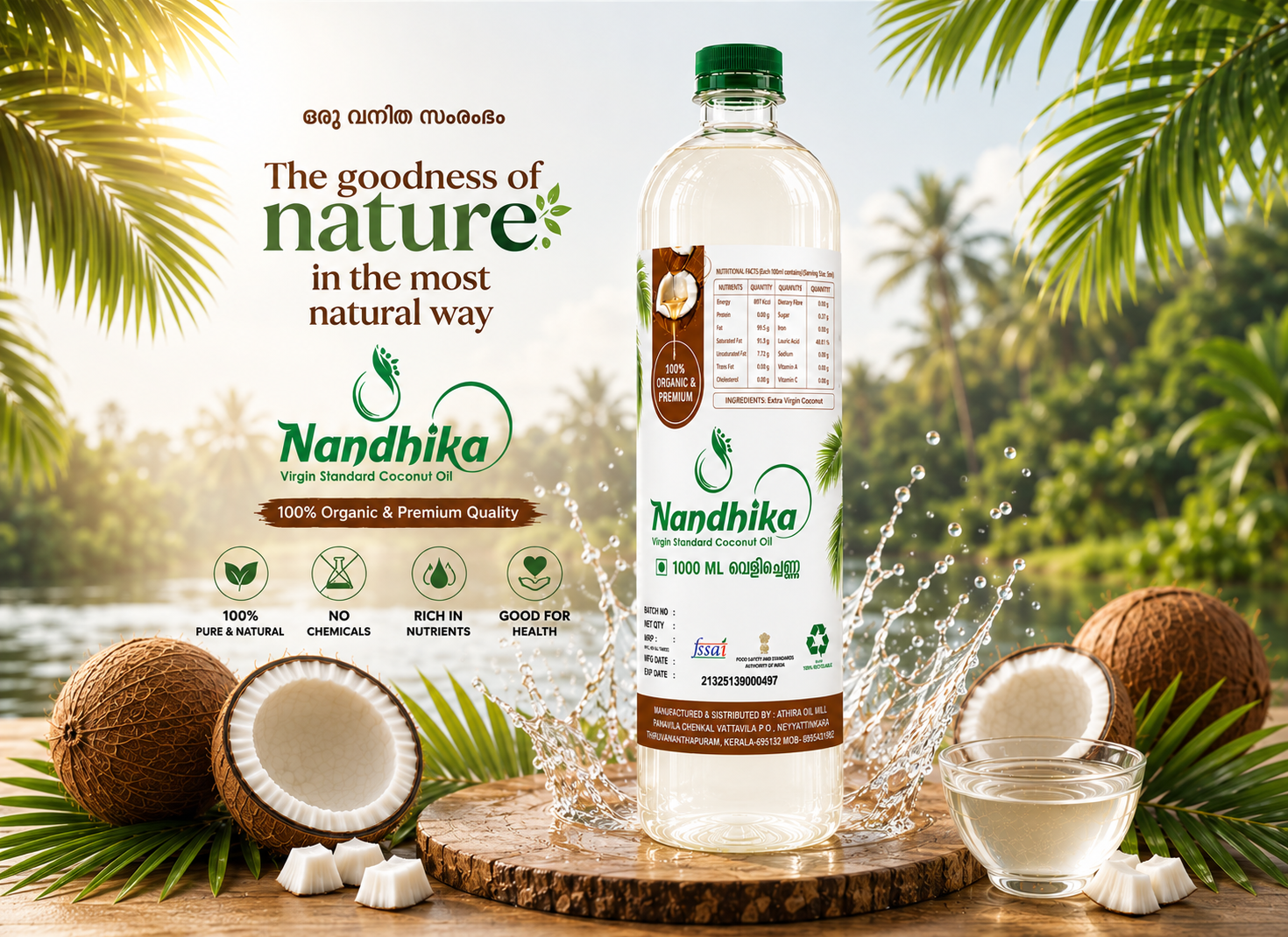 Nandhika Virgin Standard Coconut Oil bottle with coconut and fresh oil